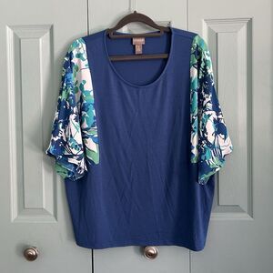 Chico’s Womens Blue Green Blouse Top Large Short Sleeve Flowy Career Pretty